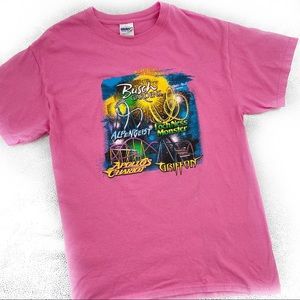 Vintage Busch Gardens Pink Graphic Roller Coasters of Virginia T-shirt Size M
